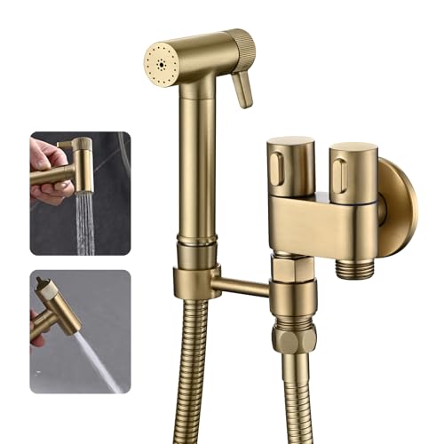 WRKMH Bidet Handbrause Gebürstetes Gold 2 Funktionen Handbrause Toilette Messing Wandmontiert Bidet Armaturen mit 1.2m Duschschlauch, Eckventil mit Einem Einlass und Zwei Auslassen von WRKMH