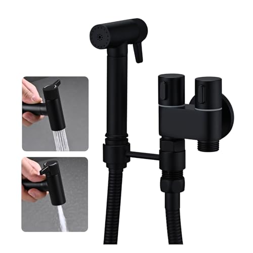 WRKMH Bidet Handbrause Schwarz 2 Funktionen Handbrause Toilette Messing Wandmontiert Bidet Armaturen mit 1.2m Duschschlauch, Eckventil mit Einem Einlass und Zwei Auslassen von WRKMH
