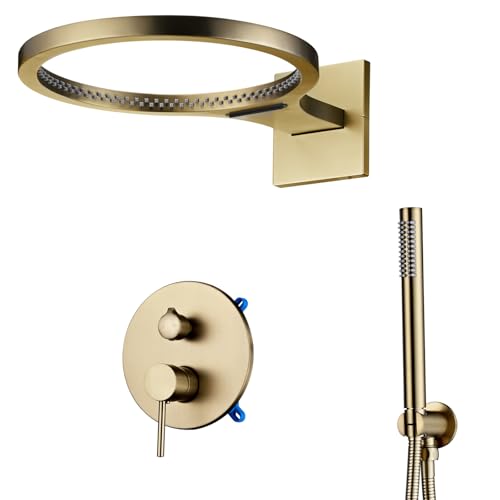 WRKMH Duschsystem Gebürstetes Gold, Wasserfall Duscharmatur Komplettset 3 Funktional Duschgarnitur mit Regendusche, Duschamaturenset Regendusche mit 2 Funktional Duschkopf, Handbrause von WRKMH
