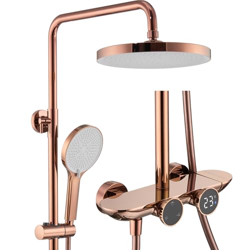 WRKMH Duschsystem Roségold, Digitalanzeige Duscharmatur Komplettset 3 Funktional Duschgarnitur mit Regendusche, Duschamaturenset Regendusche Wandmontage Duschset mit Armatur, 3 Funktional Handbrause von WRKMH