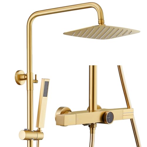 WRKMH Duschsystem mit Thermostat, Gebürstetes Zirkoniumgold Duscharmatur Komplettset 3 Funktional Duschgarnitur mit Regendusche, Einstellbare Durchflussmenge Duschamaturenset Regendusche von WRKMH