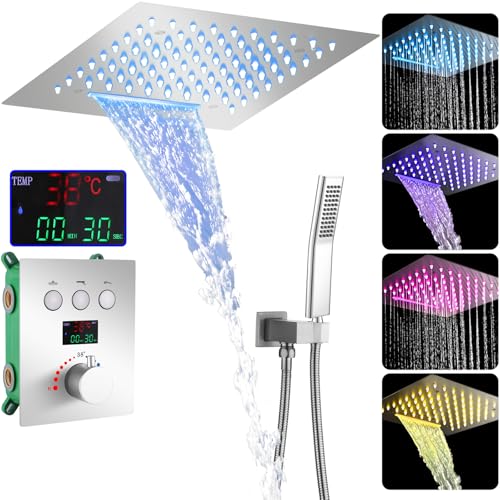 WRKMH Unterputz Duscharmatur Set Chrom, Unterputz Duschsystem mit Thermostat, 64 Farben LED Duscharmatur Komplettset Digitalanzeige Duschamaturenset Regendusche mit 30 * 30cm 2 Funktional Duschkopf von WRKMH