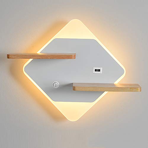 WRMING 11W LED Wandleuchte mit Schalter, Kinderzimmer Nachtlampe mit USB-Ladeanschluss, Metall Wandlampe Holz Regal, Schlafzimmer Flur Treppe Küche Energie Sparen Innenbeleuchtung,A03 von WRMING