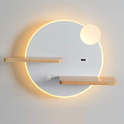 WRMING 11W LED Wandleuchte mit Schalter, Kinderzimmer Nachtlampe mit USB-Ladeanschluss, Metall Wandlampe Holz Regal, Schlafzimmer Flur Treppe Küche Energie Sparen Innenbeleuchtung,A06 von WRMING