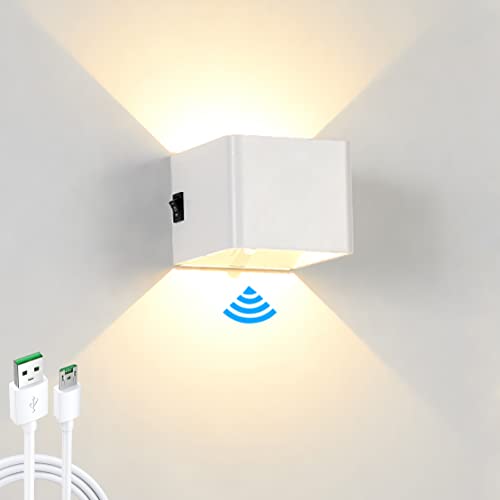 WRMING 5W LED Innen Wandlampe mit Bewegungsmelder Akku Aufladbar Wandleuchte Schalter Treppenlicht USB Wiederaufladbar Warmweiß kabellos Schlafzimmer Magnetisch up und down light Flurlampe (white) von WRMING