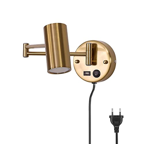 WRMING LED Leselampe Wandleuchte mit Schalter und Stecker für Steckdose Gold Faltbar E27 Wandlampe mit usb Ladefunktion Schlafzimmer Nachttischlampe mit Schwenkarm,150cm Kabel,Warmweiß,560lm,7W von WRMING