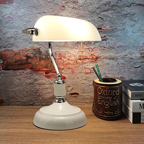 WRMING Bankerlampe Weiß Glas Vintage Tischlampe mit Zug-Schalter Chrom Bankers lamp Klassik Retro Tischleuchte mit Glasschirm Schwenkbarer Bibliothekslampe, E27 Fassung von WRMING