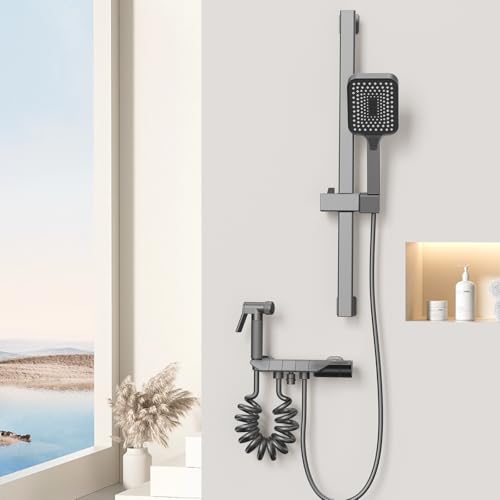 WRMING Duschsystem mit Armatur Grau, Regendusche mit Armatur Messing, 3 Modus Duschkopf mit 1.5m Schlauch und Halterung, Duschset von WRMING