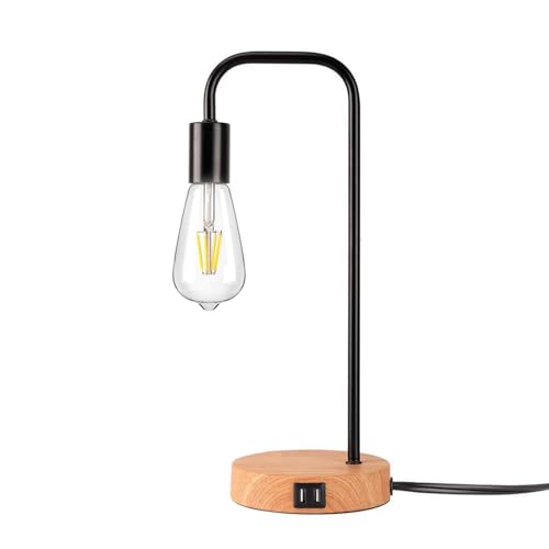 WRMING Moderne E27 Tischlampe mit 2 USB-Anschlüssen – Holzfuß & Metallständer – Ohne Lichtmittel – Für Homeoffice, Schlafzimmer & Wohnzimmer, mit Stecker, Schwarz von WRMING