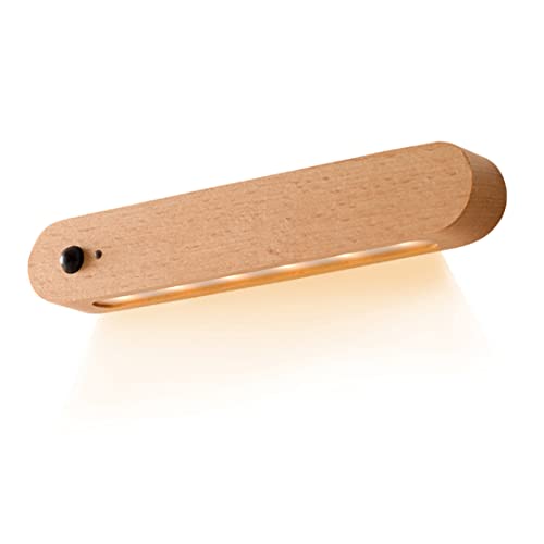 WRMING Holz Wandlampe Batterie mit Bewegungsmelder Innen LED Kabellos Wandleuchte Batteriebetrieben mit Schalter, Warmweiß Akku Nachtlicht USB Wiederaufladbare Treppenlicht Tragbar Design Flurlampe von WRMING