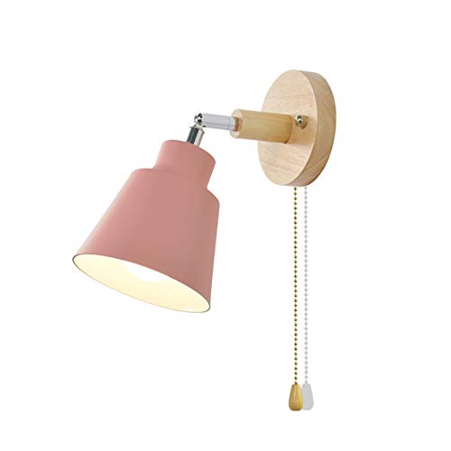 WRMING Innen Holz Wandlampe mit Schalter, Moderne Schlafzimer Nachttischlampe, Drehbar Aluminium Wandleuchte für Kinderzimmer, Schlafzimmer, Wohnzimmer, Flur, Treppe Innenbeleuchtung, E27,Rosa von WRMING