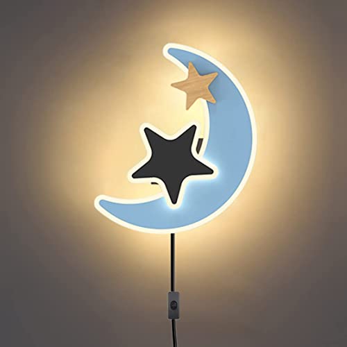 WRMING LED Wandlampe Kinderzimmer Mond mit Stecker, Blau Stern Kinder Wandleuchte mit Schalter und Kabel, 3 Farben lampe kinderzimmer Jungen mädchen kinderzimmerlampe Deko Mondlampe von WRMING