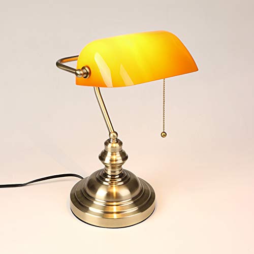 WRMING Orange Bankerlampe Vintage Glas Schreibtischlampe mit Zugschalter Poliert Messingbasis Bürolampe Retro Tischlampe für Bibliothekslampe Leselampe Einstellbar Glasschirm 1 Flammig E27 von WRMING