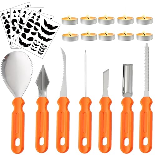 Halloween kürbis schnitzset, pumpkin carving tools mit 7 verschiedenen kürbis messer, 4 Kürbis Aufkleber, 10 Teelichter, kürbis schnitzwerkzeug für Halloween von WROYGVY