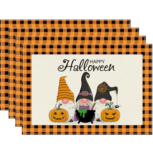 Halloween Platzsets 4er Set, kürbis Zwerg rutschfest Abwaschbar Tischsets,Abgrifffeste Hitzebeständig Platzdeckchen,Schmutzabweisend und Waschbare,Halloween deko Set von WROYGVY