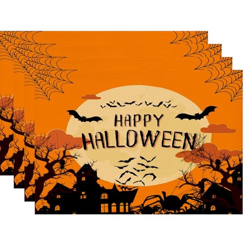 Halloween Platzsets 4er Set,Orange platzsets rutschfest Abwaschbar Tischsets,Abgrifffeste Hitzebeständig Platzdeckchen,Schmutzabweisend und Waschbare Halloween deko Set von WROYGVY