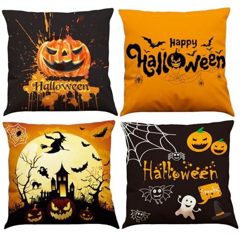 WROYGVY Halloween Kissenbezug 45 x 45 cm,Halloween Kissen 4er Set,Orange and Black Baumwolle Leinen dekokissen Halloween deko für Wohnzimmer Sofa Garten dekokissen Halloween Dekoration von WROYGVY