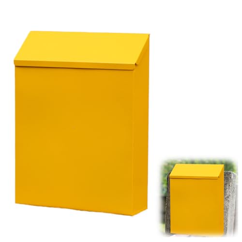 WRQIOO Briefkasten Klein, Postkasten mit Schloss und 2 Schlüsseln, Dekorativer Briefkasten Bunt, Wandbriefkasten, Eisenkunst Zaunbriefkasten für Zuhause, Büro, Garten (Gelb,22x6.5x29cm) von WRQIOO