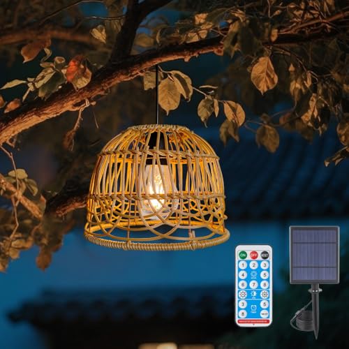WRQIOO Solar Hängelampe Rattan, Boho Solarlampen Outdoor, IP65 Wasserdichte Rattan Hängeleuchte Außen mit Fernbedienung, Dimmbar Solar Hängeleuchte Boho, Ratt-an Lampenschirm Hängend für Garten von WRQIOO