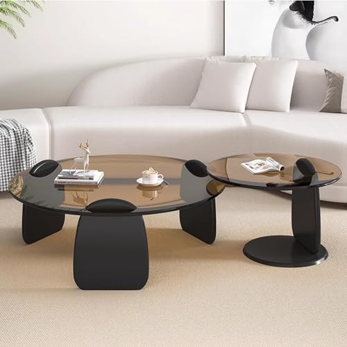 WRYSQBHJYB Satztisch-Couchtisch 2er-Set, Moderner Runder Sofatisch, Runder Beistelltisch aus Glas, Kaffeetisch für das Wohnzimmer zu Hause(Black,Brown_80CM/31IN) von WRYSQBHJYB