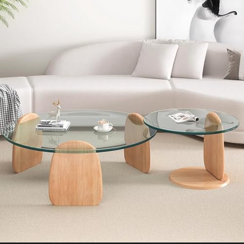 WRYSQBHJYB Satztisch-Couchtisch 2er-Set, Moderner Runder Sofatisch, Runder Beistelltisch aus Glas, Kaffeetisch für das Wohnzimmer zu Hause(Natural,Clear_80CM/31IN) von WRYSQBHJYB