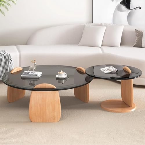 WRYSQBHJYB Satztisch-Couchtisch 2er-Set, Moderner Runder Sofatisch, Runder Beistelltisch aus Glas, Kaffeetisch für das Wohnzimmer zu Hause(Natural,Gray_90CM/35IN) von WRYSQBHJYB