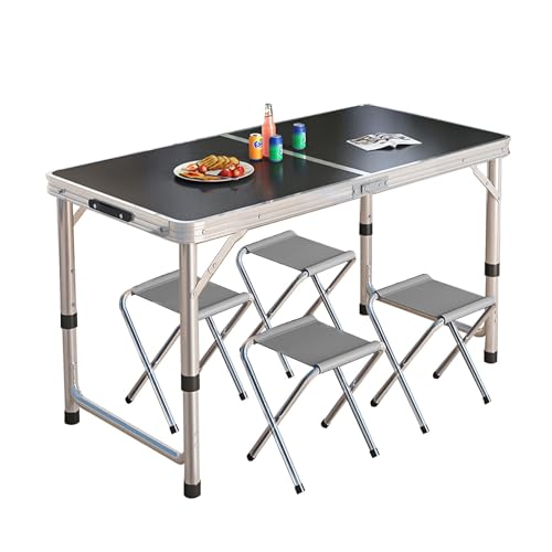 Klappbarer Camping Tisch, Campingtische, Höhenverstellbare Beine, 47'' L X 23'' W, Tragbarer Aluminium-tapeziertisch Camping Tisch Stuhl Set (3 Höhen) ( Color : Black , Size : Table+4 chairs ) von WRYsqbhjyb