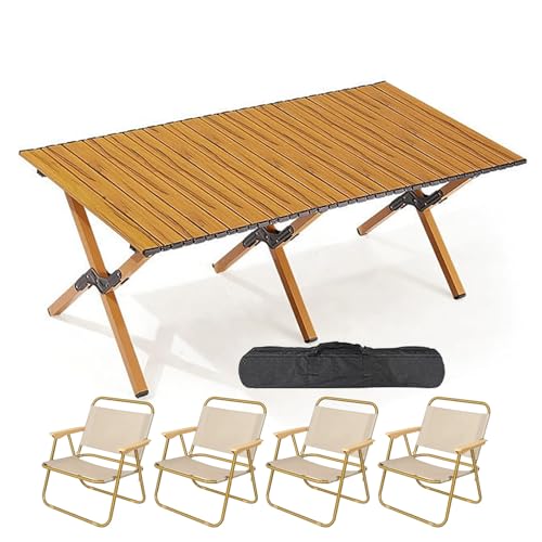 WRYsqbhjyb Campingtisch mit Stühlen, Klapptisch mit Tragetasche und 4/6 Stühlen, Grilltisch aus Holz für Picknick (47,6 X 24 X 17,7 cm) (Color : Cherry Wood, Size : 4 Chairs A) von WRYsqbhjyb