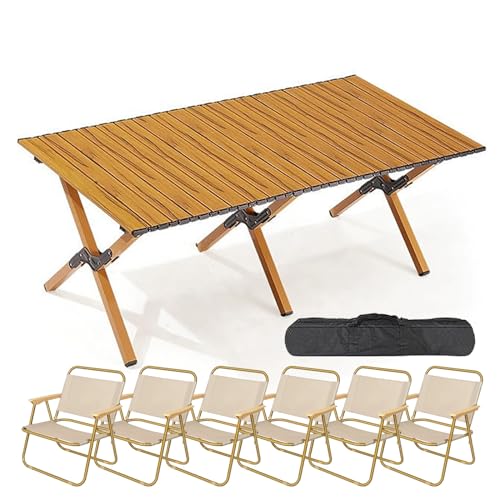 WRYsqbhjyb Campingtisch mit Stühlen, Klapptisch mit Tragetasche und 4/6 Stühlen, Grilltisch aus Holz für Picknick (47,6 X 24 X 17,7 cm) (Color : Cherry Wood, Size : 6 Chairs B) von WRYsqbhjyb