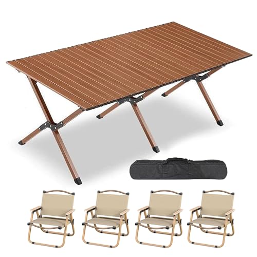 WRYsqbhjyb Campingtisch mit Stühlen, Klapptisch mit Tragetasche und 4/6 Stühlen, Picknicktisch aus Holz für Campingutensilien (59,4 X 27,9 X 20,4 cm) (Color : Black Walnut, Size : 4 Chairs B) von WRYsqbhjyb
