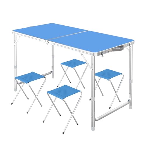 WRYsqbhjyb Campingtische, Tragbare Faltbare Gartentisch Klappbar, Verstellbarer 47,2-Zoll-Aluminium-klapptisch Esstisch für Picknick/Camping/Grillen (Color : Blue+4 Chairs) von WRYsqbhjyb