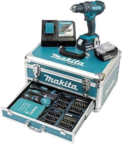 Makita DHP482RFX9 Schlagbohrschrauber 18V / 3,0 Ah, 2 Akkus plus Ladegerät im Alukoffer, Petrol, 96-tlg. Zubehör-Set von Makita