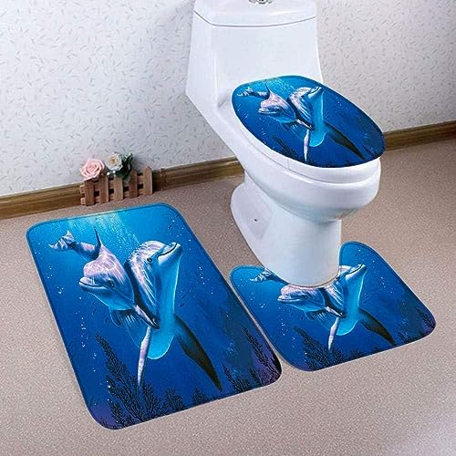 WSADZXC77 Badezimmermatten und Teppiche Blauer Delfin 3-teiliges Badteppich-Set Toilettensitzbezug und -vorleger, Badezimmer-Garnitur, U-förmiger Teppich, Matte von WSADZXC77