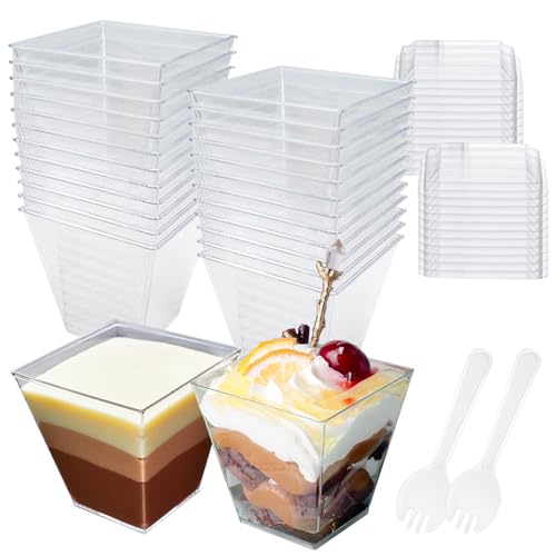 WSAMJIN 25 Stück Dessertgläser mit Löffeln, 8oz/240ml Dessertschalen Plastik Wiederverwendbare, Quadratischer Dessertbecher Serviergläser Desserttassen für Pudding Mousse Eiscreme Dessert Party von WSAMJIN