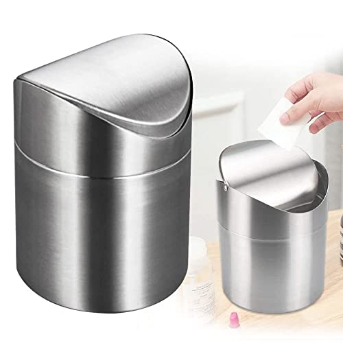 WSAMJIN Desktop Mülleimer, Mini Abfalleimer Silber Tischabfalleimer Edelstahl Abfallbehälter mit Deckel für Büro Waschtisch, Durchmesser Ø 12 cm, 16 cm Höhe von WSAMJIN
