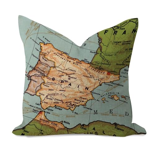 WSDESDEC Solider Outdoor-Kissenbezug mit Landkarte und Spanien, Landkarte, quadratisch, Baumwollleinen, Kissenbezüge für Zuhause, Bett, Büro, Bank, 61 x 61 cm von WSDESDEC