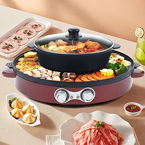 2200W 220V Elektrischer Hot Pot BBQ Teppanyaki Pot 2 in 1 Double Electric Pot Rauchfreier Antihaft-Multifunktions Hot Pot BBQ Geeignet für Familienessen und Partys (Rot) von WSIKGHU