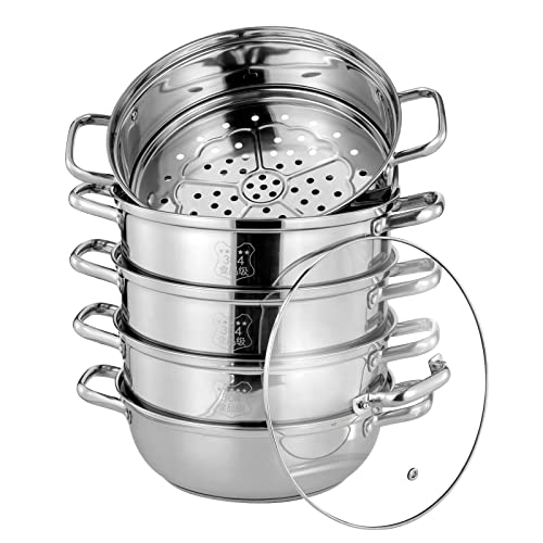 5 Lagiger Edelstahl Dampfkocher Gardampftopf mit Glasdeckel Dampfgarer Dampfkocher Fünfschichtiger integrierter Dampfgarer aus Edelstahl Dampfgarer für Küche (28CM) von WSIKGHU