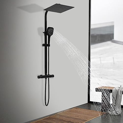 Duschsystem mit Thermostat Höhenverstellbares Wand-Dusch-System Mischer Duscharmatur Duschset für Bad Schwarz/Silber Multifunktionales Schwenkbares Bad-Dusch-Set (Schwarz) von WSIKGHU