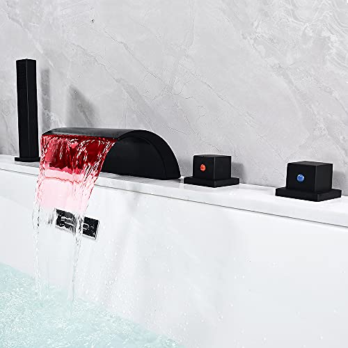 Schwarz Badewannenarmatur LED Wasserfall Duschset mit Brause Wasserhahn Duscharmatur 1/2" Schlauch Armatur Badewannenarmatur Wasserhahn Set 5Loch Wannenarmatur Einhebelmischer von WSIKGHU