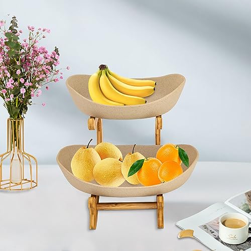 WSIKGHU Obst Etagere Obstschale Keramik Porzellan Obstteller 2 Etagen mit Natürlichem Bambus Ständer Servierteller Etagere 2 Stöckig Gebäckteller Servierständer für Obst, Snacks, Süßigkeiten (Khaki) von WSIKGHU