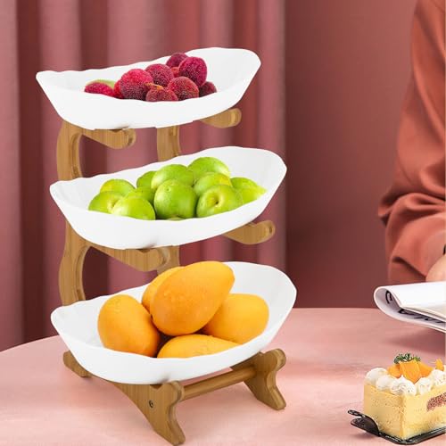 WSIKGHU Obstschalen Obst Etagere 3 Stöckig Obstteller Oval Bambusholz Ständer Obstkorb Bambus Stand Inhaber, Frucht Snack Tortenständer (weiß) von WSIKGHU