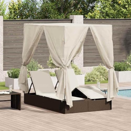 Doppel Sonnenliege mit Dach Braun 205x129x200cm PE-Rattan-Möbel Outdoor-Möbel Outdoor Betten von WSJHUHK