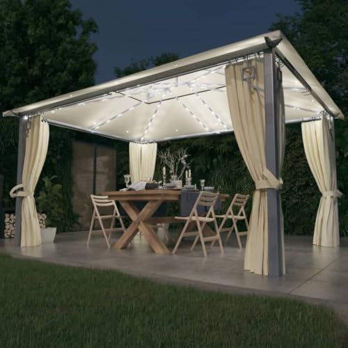 Pavillon mit Vorhang & LED-Lichterkette 4x3m Creme Aluminium von WSJHUHK