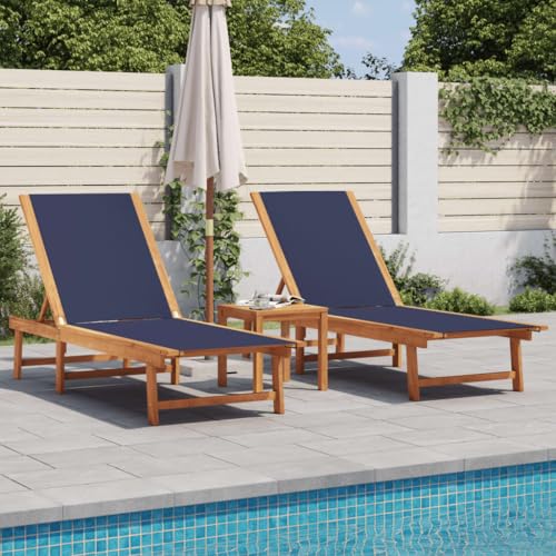 WSJHUHK 2er Set Liegestühle mit Tisch aus massivem Akazienholz und Textil Blau von WSJHUHK