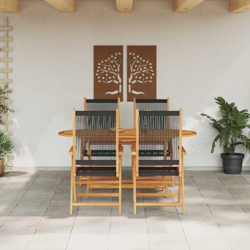 WSJHUHK Garten-Esszimmer-Set, 5-teilig, schwarz, massives Akazienholz und Polyrattan, Möbel, Outdoor-Möbel, Gartenmöbel-Sets von WSJHUHK