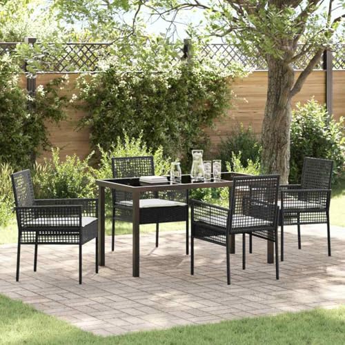 WSJHUHK Garten-Esszimmer-Set mit Kissen, 5-teilig, schwarzes Polyrattan-Möbel, Outdoor-Möbel, Gartenmöbel-Sets von WSJHUHK