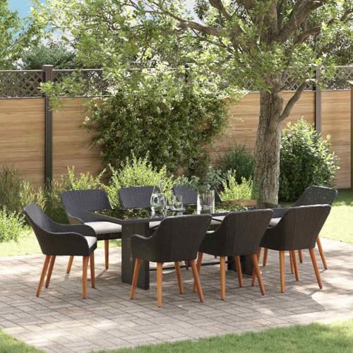 WSJHUHK Garten-Esszimmer-Set mit Kissen, 9-teilig, schwarzes Poly-Rattan-Möbel, Outdoor-Möbel, Gartenmöbel-Sets von WSJHUHK