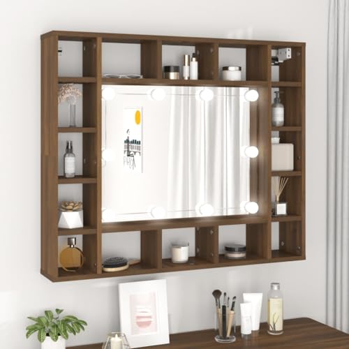 WSJHUHK Home-Cabinets & Storage, Waschtischunterschränke, Badezimmer-Waschtisch, Spiegelschrank mit LED, braune Eiche, 91 x 15 x 76,5 cm von WSJHUHK