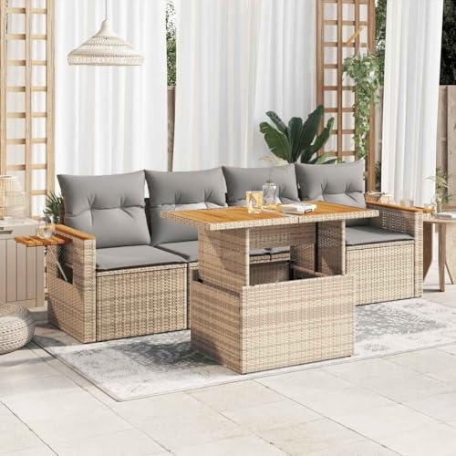 WSJHUHK Home-Outdoor Gartenmöbel-Set, 5-teiliges Gartensofa-Set mit Kissen, Poly-Rattan-Akazie, Beige von WSJHUHK